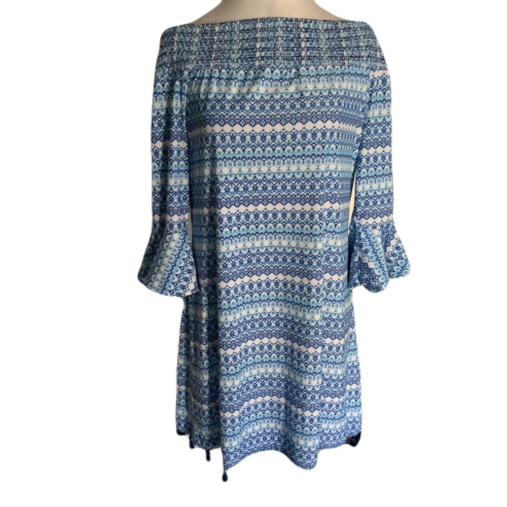 Cabana Life Blue & White Off-Shoulder 3/4 Sleeve Mini Dress Tassel UPF Resort